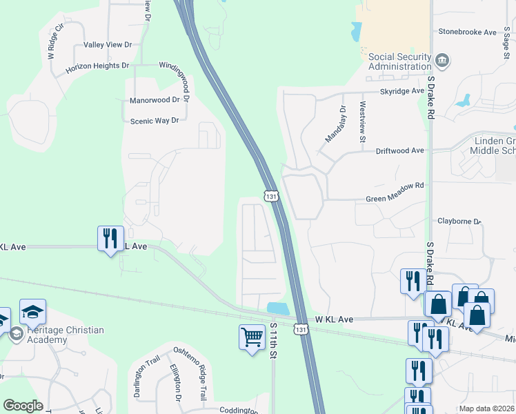 map of restaurants, bars, coffee shops, grocery stores, and more near 1000-1032 Colonial Trail in Kalamazoo