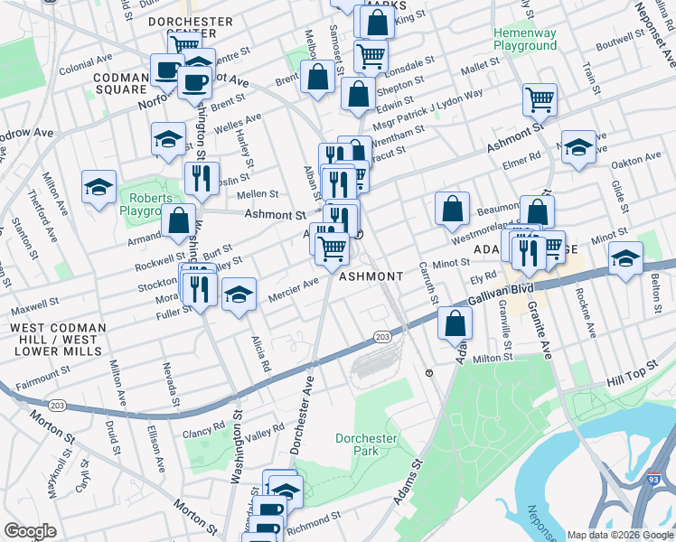 map of restaurants, bars, coffee shops, grocery stores, and more near 1970 Dorchester Avenue in Boston