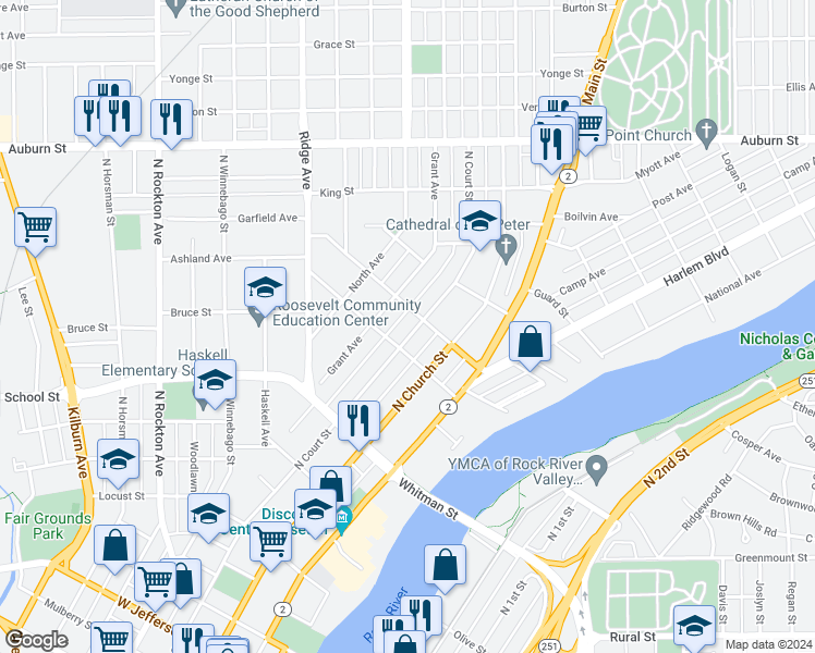 map of restaurants, bars, coffee shops, grocery stores, and more near 1018 North Court Street in Rockford
