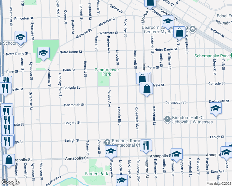 map of restaurants, bars, coffee shops, grocery stores, and more near 3721 Lincoln Street in Dearborn