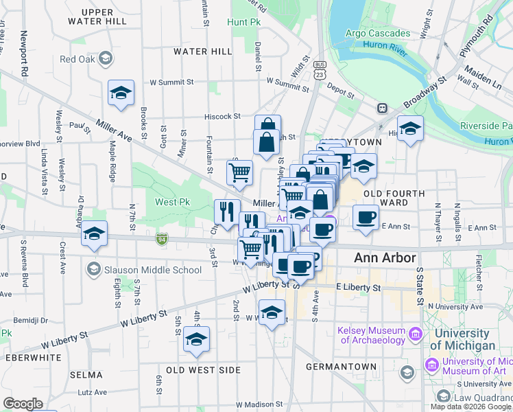 map of restaurants, bars, coffee shops, grocery stores, and more near 310 Miller Avenue in Ann Arbor