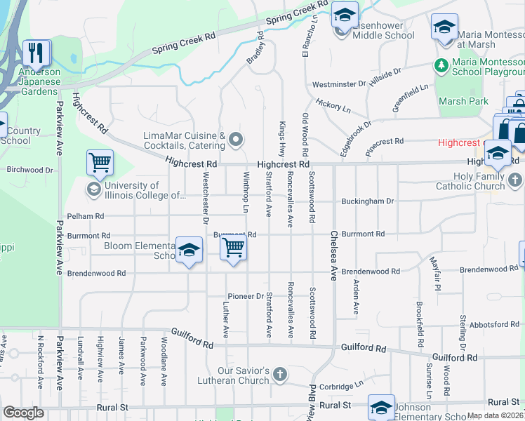 map of restaurants, bars, coffee shops, grocery stores, and more near 1515 Stratford Avenue in Rockford