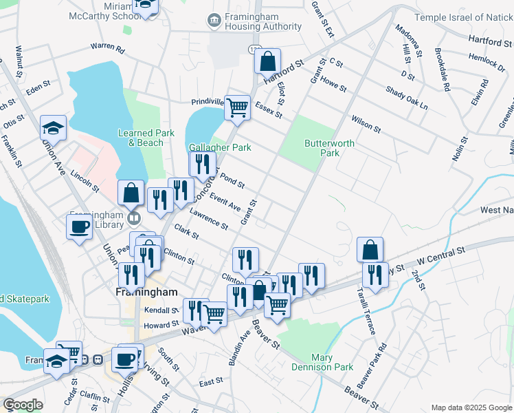map of restaurants, bars, coffee shops, grocery stores, and more near 153 Grant Street in Framingham