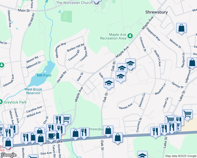 map of restaurants, bars, coffee shops, grocery stores, and more near 14 Gale Avenue in Shrewsbury