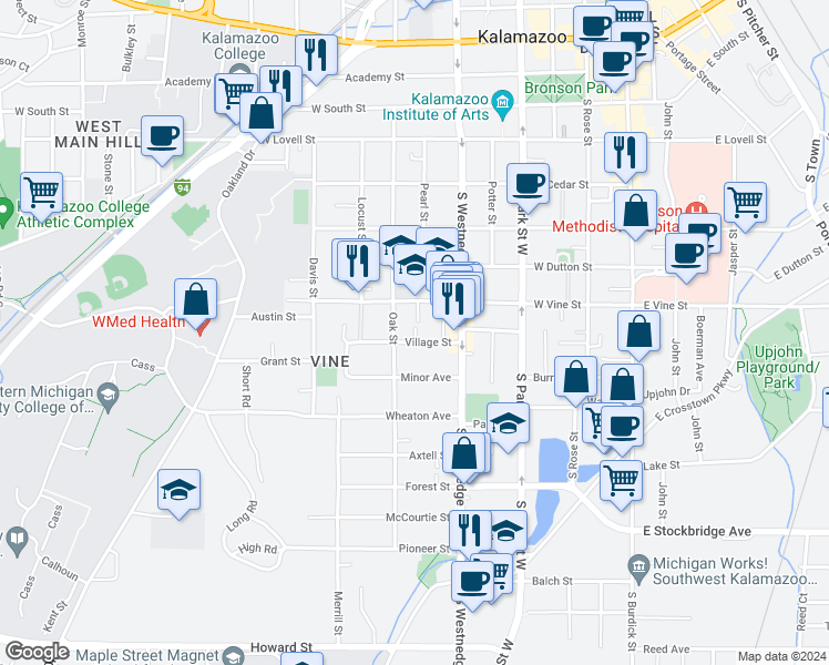 map of restaurants, bars, coffee shops, grocery stores, and more near 826 Vine Place in Kalamazoo