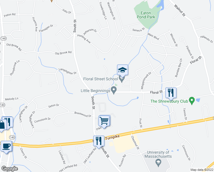map of restaurants, bars, coffee shops, grocery stores, and more near 19 Floral Street in Shrewsbury