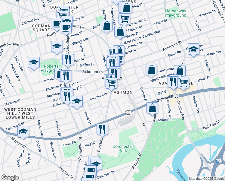 map of restaurants, bars, coffee shops, grocery stores, and more near 1970 Dorchester Avenue in Boston
