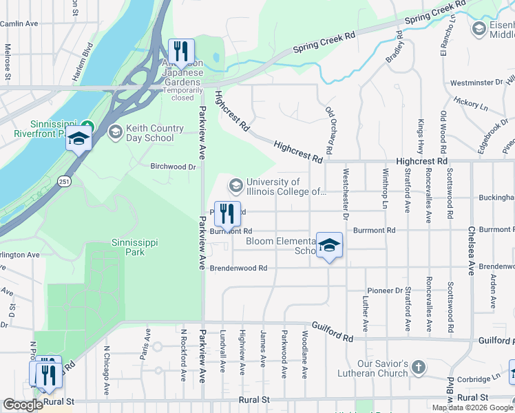 map of restaurants, bars, coffee shops, grocery stores, and more near 2526 Pelham Road in Rockford