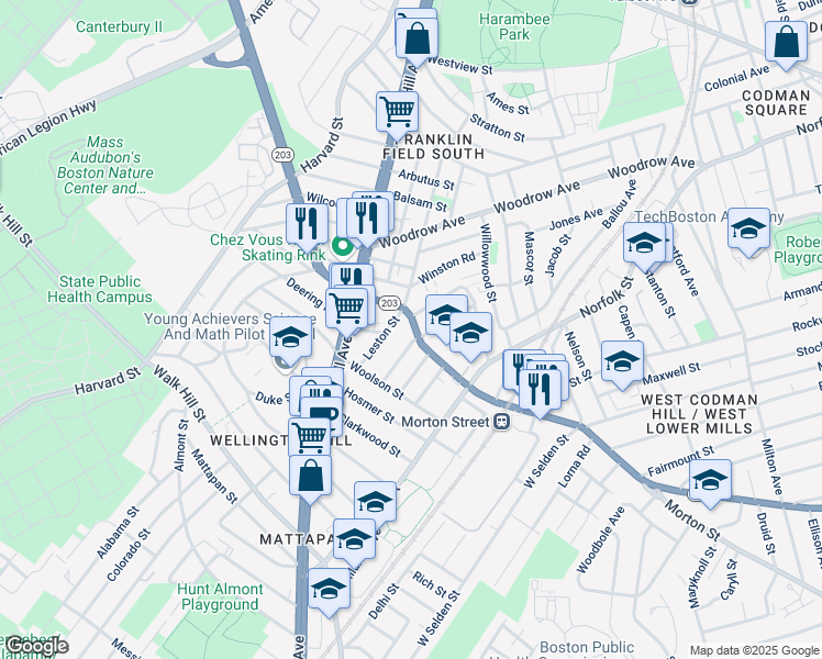 map of restaurants, bars, coffee shops, grocery stores, and more near 757 Morton Street in Boston