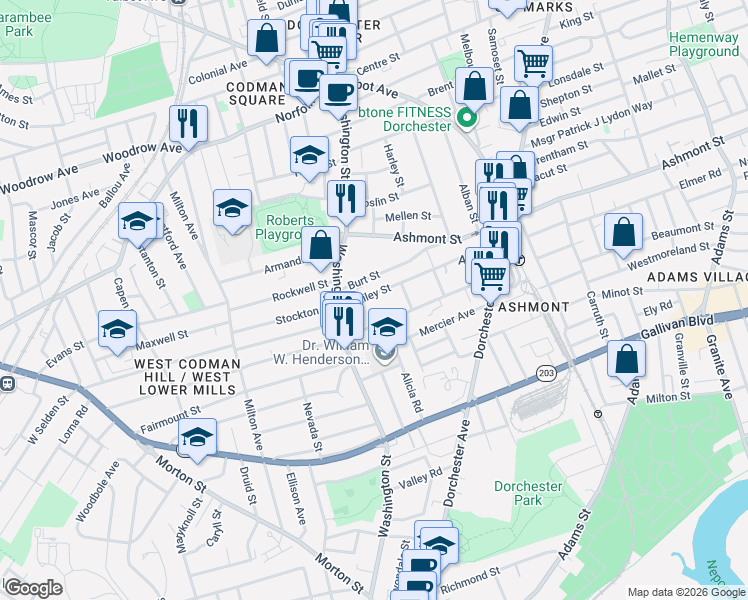 map of restaurants, bars, coffee shops, grocery stores, and more near 18 Bailey Street in Boston