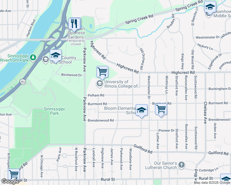 map of restaurants, bars, coffee shops, grocery stores, and more near 2526 Pelham Road in Rockford