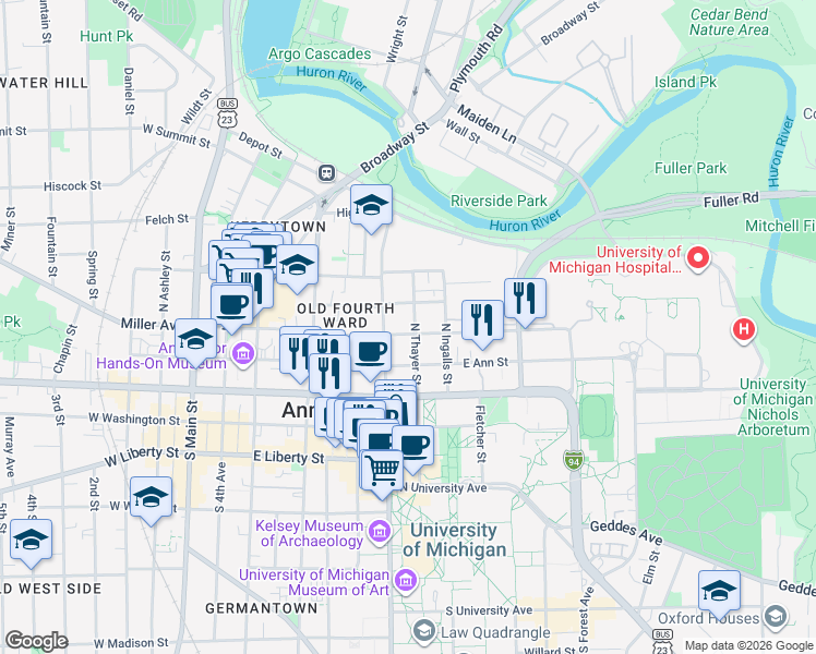 map of restaurants, bars, coffee shops, grocery stores, and more near 721 Catherine Street in Ann Arbor
