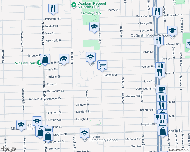 map of restaurants, bars, coffee shops, grocery stores, and more near 112 Francesco Court in Dearborn
