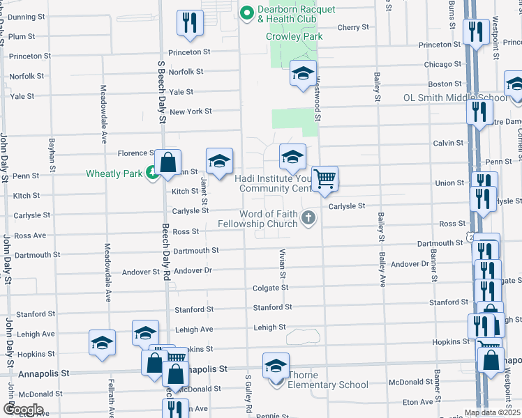 map of restaurants, bars, coffee shops, grocery stores, and more near 3700 Heritage Parkway in Dearborn