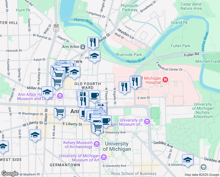 map of restaurants, bars, coffee shops, grocery stores, and more near 809 Catherine Street in Ann Arbor