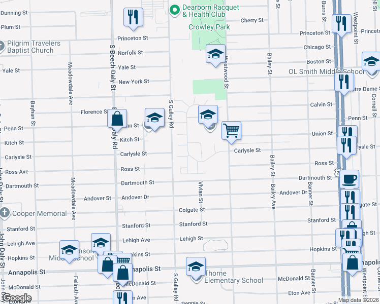 map of restaurants, bars, coffee shops, grocery stores, and more near 3768 Heritage Parkway in Dearborn