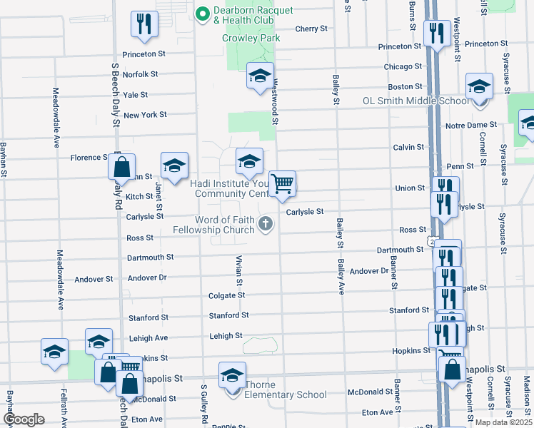 map of restaurants, bars, coffee shops, grocery stores, and more near 3835 Heritage Parkway in Dearborn