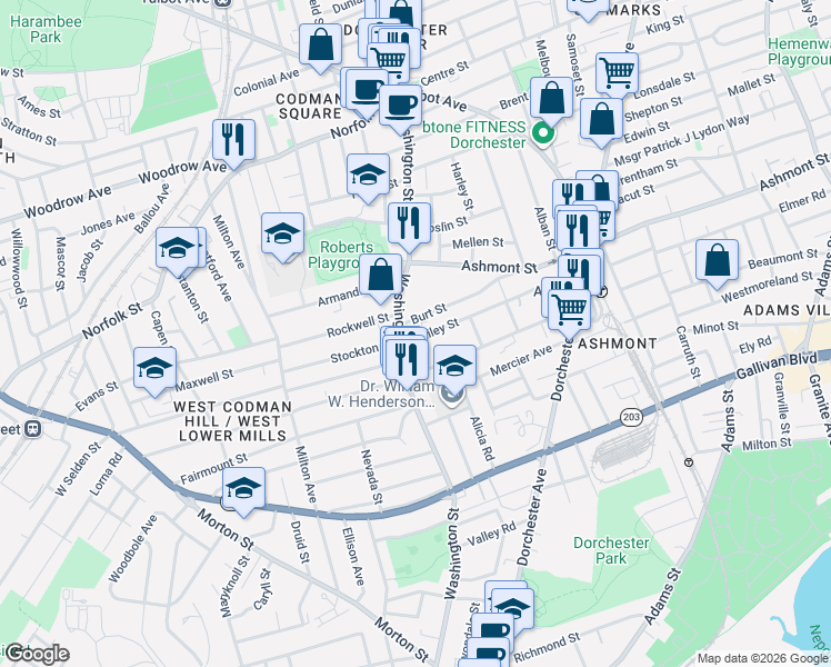 map of restaurants, bars, coffee shops, grocery stores, and more near 6 Bailey Street in Boston