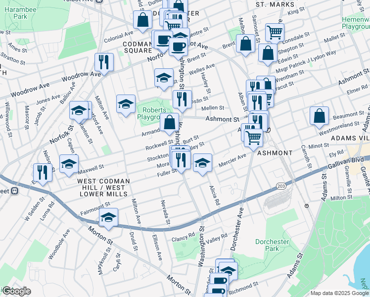 map of restaurants, bars, coffee shops, grocery stores, and more near 815 Washington Street in Boston