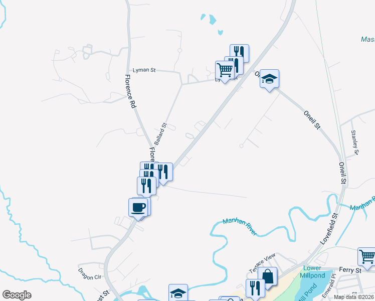 map of restaurants, bars, coffee shops, grocery stores, and more near 165 Northampton Street in Easthampton