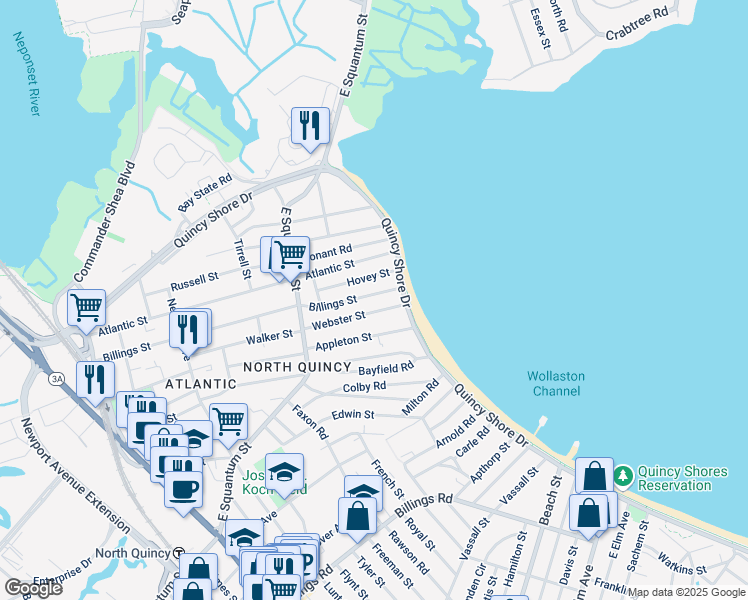 map of restaurants, bars, coffee shops, grocery stores, and more near 303 Billings Street in Quincy