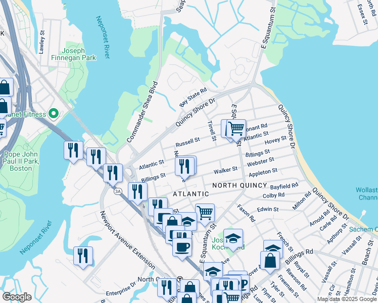 map of restaurants, bars, coffee shops, grocery stores, and more near 25 Russell Street in Quincy
