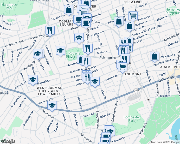 map of restaurants, bars, coffee shops, grocery stores, and more near 815 Washington Street in Boston