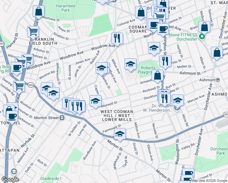 map of restaurants, bars, coffee shops, grocery stores, and more near 65 Stanton Street in Boston