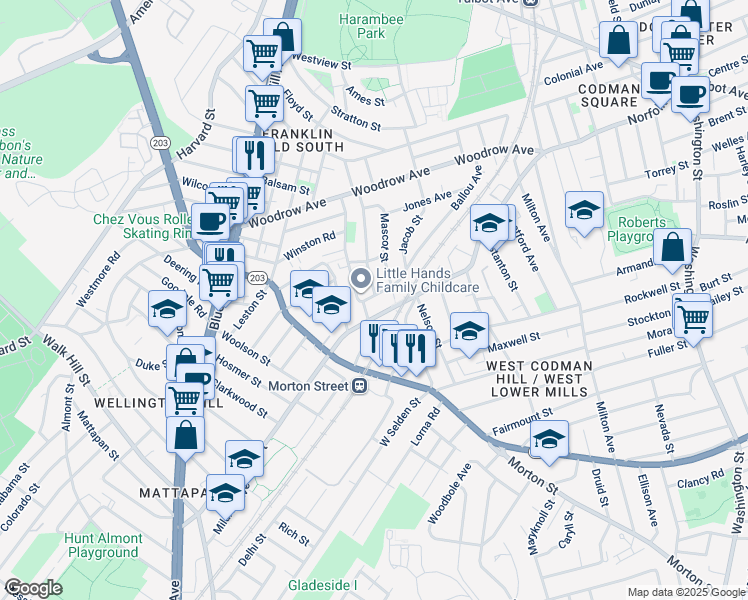 map of restaurants, bars, coffee shops, grocery stores, and more near 84 Mountain Avenue in Boston
