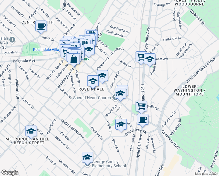 map of restaurants, bars, coffee shops, grocery stores, and more near 120 Cummins Highway in Boston