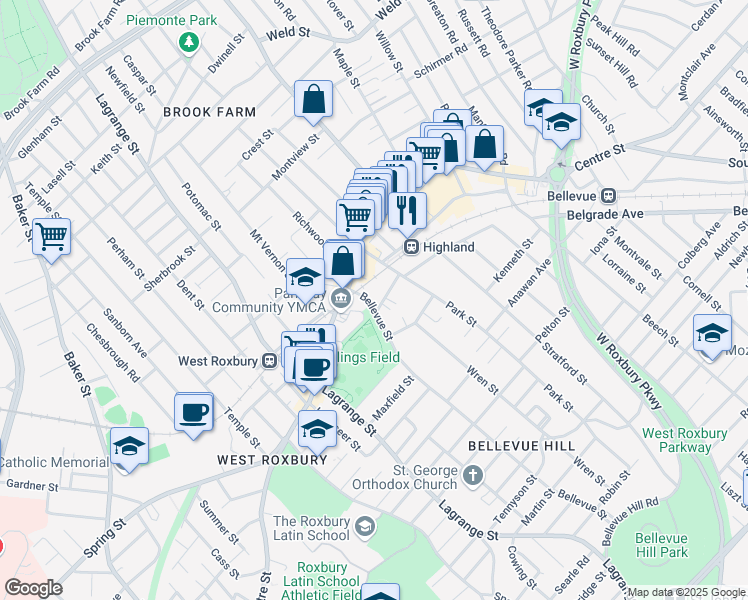 map of restaurants, bars, coffee shops, grocery stores, and more near 25 March Avenue in Boston