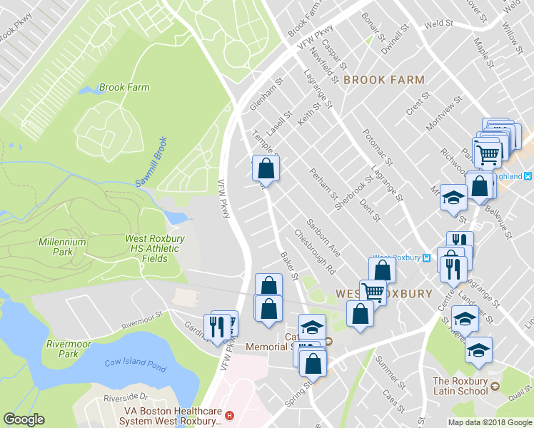 map of restaurants, bars, coffee shops, grocery stores, and more near 108 Chesbrough Road in Boston