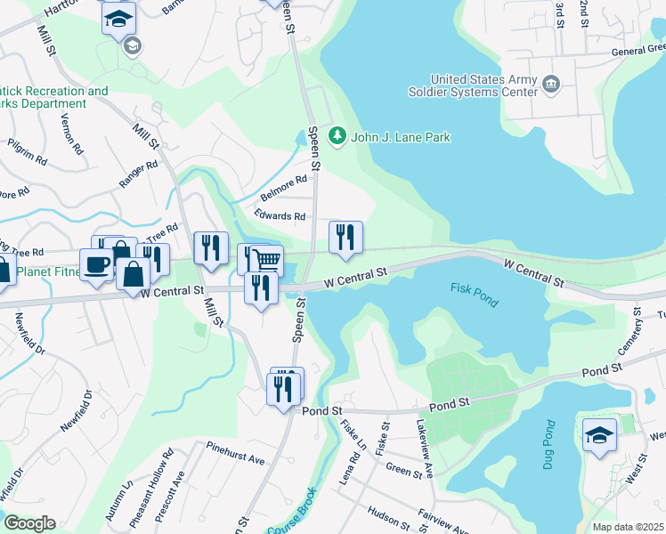 map of restaurants, bars, coffee shops, grocery stores, and more near 135 West Central Street in Natick