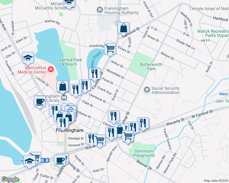 map of restaurants, bars, coffee shops, grocery stores, and more near 44 Everit Avenue in Framingham