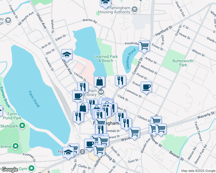 map of restaurants, bars, coffee shops, grocery stores, and more near 37 Oliver Street in Framingham
