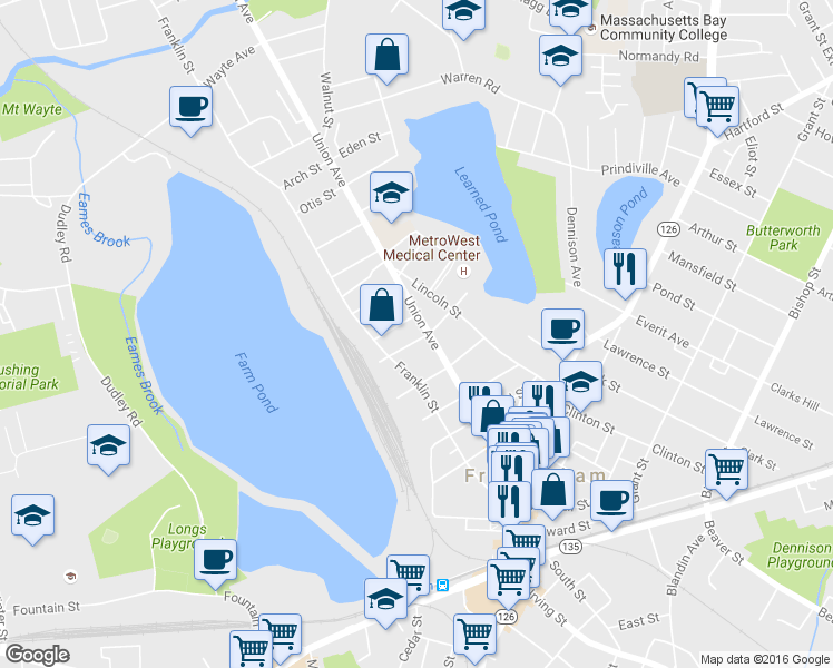 map of restaurants, bars, coffee shops, grocery stores, and more near 25 Brewster Road in Framingham