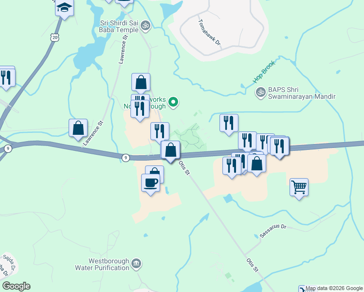 map of restaurants, bars, coffee shops, grocery stores, and more near 207 Otis Street in Westborough