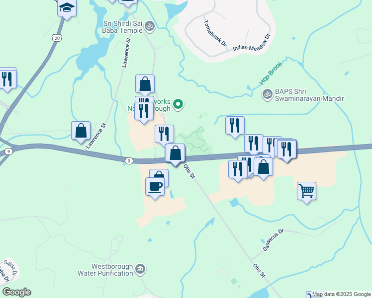 map of restaurants, bars, coffee shops, grocery stores, and more near 207 Otis Street in Westborough