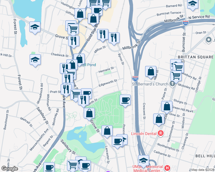 map of restaurants, bars, coffee shops, grocery stores, and more near 35 Edgeworth Street in Worcester