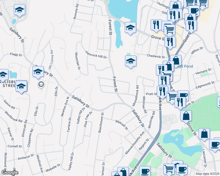 map of restaurants, bars, coffee shops, grocery stores, and more near 29 Forest Street in Worcester