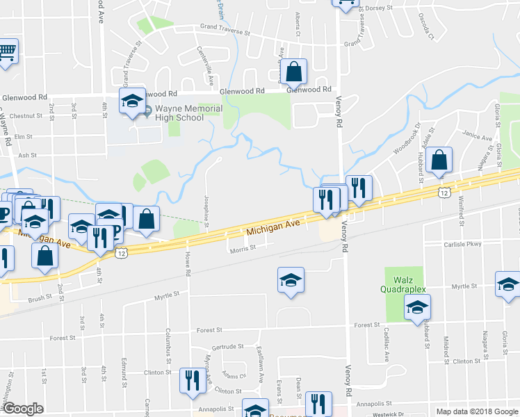 map of restaurants, bars, coffee shops, grocery stores, and more near 33402 Michigan Avenue in Wayne