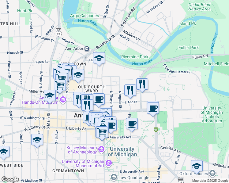 map of restaurants, bars, coffee shops, grocery stores, and more near 311 North Ingalls Street in Ann Arbor