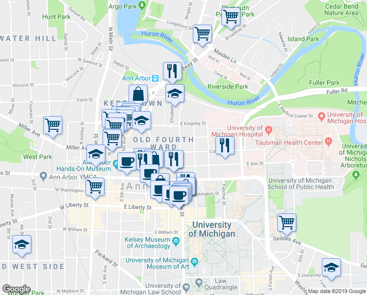 map of restaurants, bars, coffee shops, grocery stores, and more near 314 North State Street in Ann Arbor