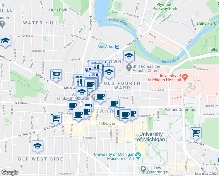 map of restaurants, bars, coffee shops, grocery stores, and more near 319 Catherine Street in Ann Arbor