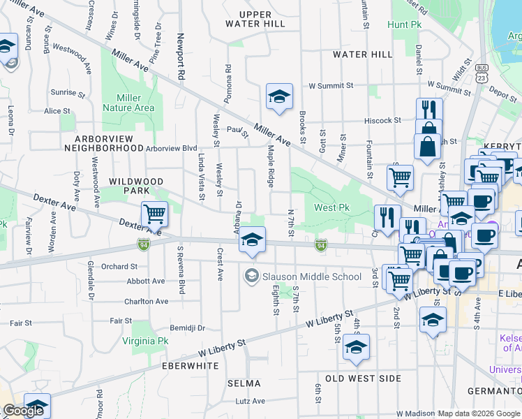 map of restaurants, bars, coffee shops, grocery stores, and more near 210 Bucholz Court in Ann Arbor