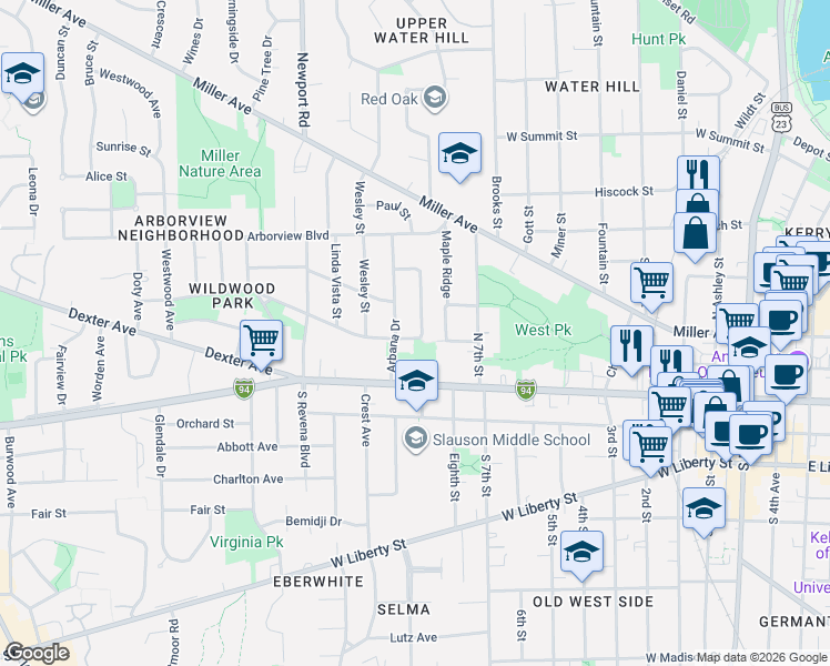 map of restaurants, bars, coffee shops, grocery stores, and more near 305 Mark Hannah Place in Ann Arbor