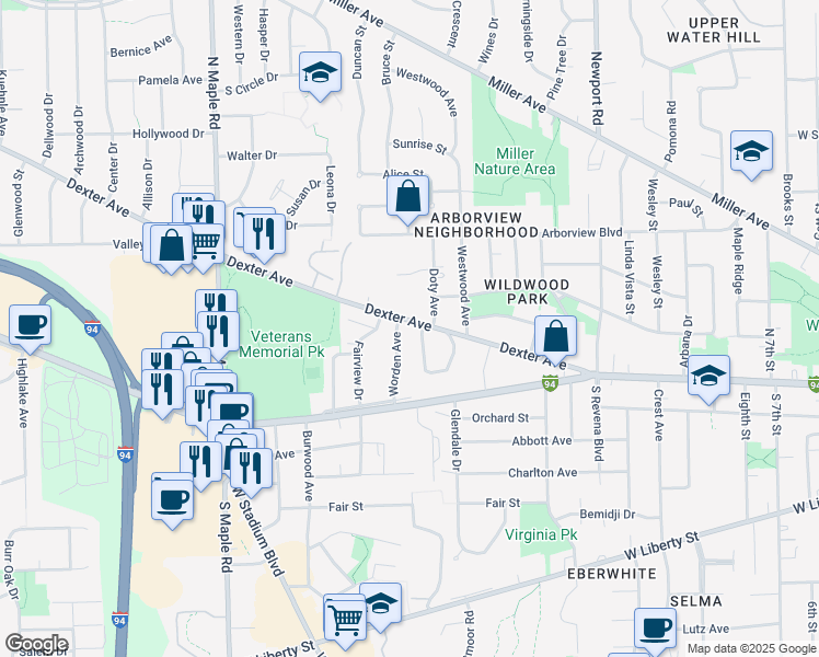 map of restaurants, bars, coffee shops, grocery stores, and more near 2101 Dexter Avenue in Ann Arbor