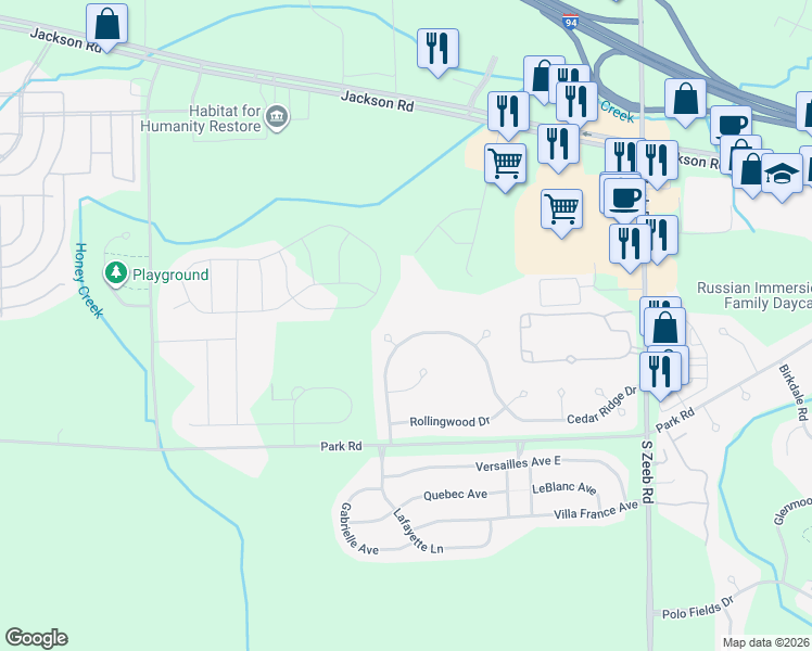 map of restaurants, bars, coffee shops, grocery stores, and more near 162 Rockwood Court in Ann Arbor