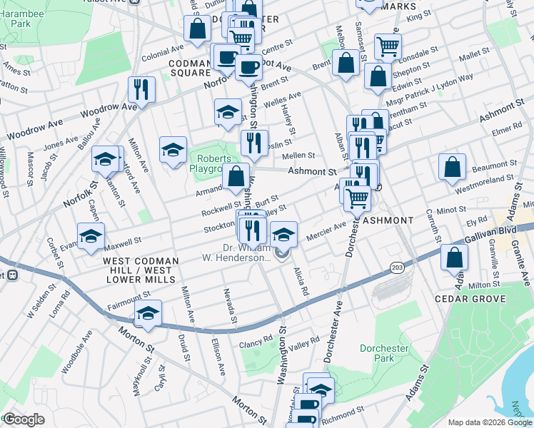 map of restaurants, bars, coffee shops, grocery stores, and more near 18 Bailey Street in Boston