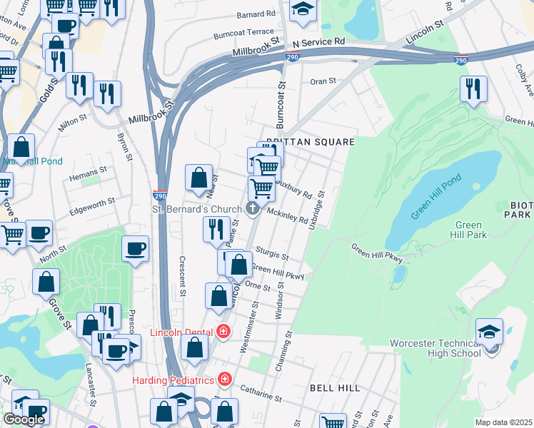 map of restaurants, bars, coffee shops, grocery stores, and more near 2 Mckinley Road in Worcester